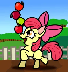 Size: 1467x1550 | Tagged: safe, artist:captainquack64, derpibooru import, apple bloom, earth pony, pony, apple, balancing, female, filly, foal, food, image, open mouth, open smile, png, ponies balancing stuff on their nose, smiling, solo