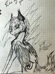 Size: 3024x4032 | Tagged: safe, artist:hysteriana, derpibooru import, oc, unofficial characters only, bat pony, pony, bat pony oc, bat wings, chest fluff, cyrillic, ear fluff, fangs, folded wings, graph paper, image, jpeg, male, old art, russian, sketch, solo, wings