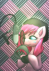 Size: 2053x3000 | Tagged: safe, artist:taps, derpibooru import, pinkie pie, earth pony, pony, alternate hairstyle, bipedal, bust, female, hat, headphones, high res, image, mare, microphone, one eye closed, png, recording studio, smiling, solo