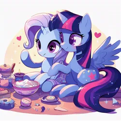 Size: 1024x1024 | Tagged: safe, derpibooru import, machine learning generated, trixie, twilight sparkle, ai content, female, image, jpeg, lesbian, prompter:3d4d, shipping, twixie