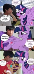 Size: 346x741 | Tagged: safe, derpibooru import, twilight sparkle, oc, alicorn, human, pony, unicorn, 1000 years in photoshop, baby, baby pony, comic, cringing, dialogue, diaper, duo, female, filly, foal, horn, image, irl, irl human, male, photo, png, pregnant, speech bubble, spread wings, straight, text, wings