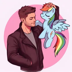 Size: 1024x1024 | Tagged: safe, artist:catachromatic, derpibooru import, machine learning assisted, rainbow dash, human, pegasus, pony, ai content, blushing, circle background, clothes, crossover, dean winchester, duo, duo male and female, eyes closed, female, flying, human on pony petting, image, jacket, leather, leather jacket, male, mare, paintover, petting, png, prompter:catachromatic, smiling, spread wings, supernatural, wings