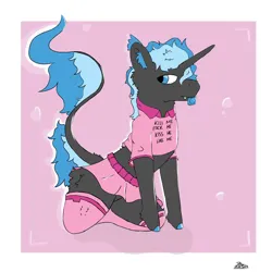 Size: 5000x5000 | Tagged: suggestive, artist:hrabiadeblacksky, derpibooru import, oc, oc:hrabia de black sky, unofficial characters only, pony, unicorn, clothes, condom, condom in mouth, crossdressing, dress, femboy, image, male, mouth hold, ping, png, sexy, socks, solo, stallion, suit, top