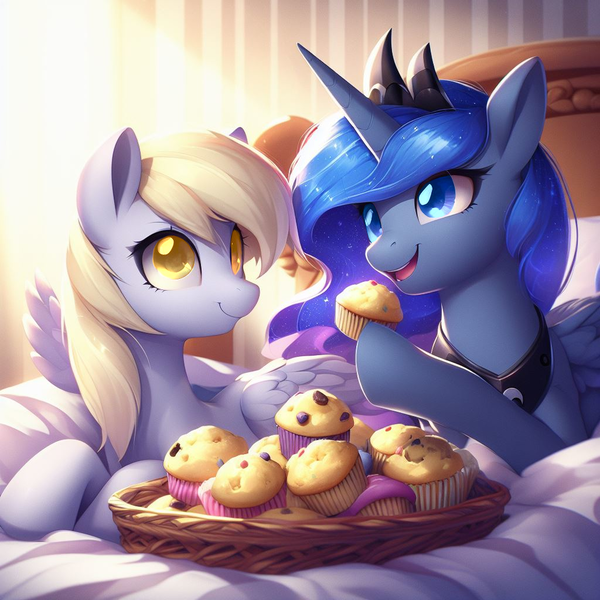 Size: 1024x1024 | Tagged: safe, derpibooru import, machine learning generated, stable diffusion, derpy hooves, princess luna, alicorn, pegasus, ai content, bed, crown, cute, derpabetes, derpibooru exclusive, duo, duo female, eating, female, food, image, jewelry, looking at you, muffin, png, regalia, shipping, tabitha st. germain, tiara, underp, voice actor joke