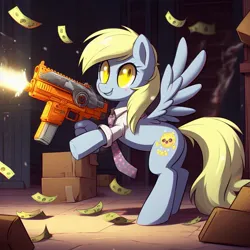 Size: 1024x1024 | Tagged: safe, derpibooru import, machine learning generated, stable diffusion, derpy hooves, pegasus, ai content, clothes, female, gun, image, jpeg, looking at you, money, necktie, night, shirt, shooting, shrunken pupils, solo, solo female, underp, weapon, wrong cutie mark