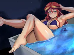 Size: 800x600 | Tagged: suggestive, artist:tzc, derpibooru import, sunset shimmer, human, barefoot, bedroom eyes, big breasts, bikini, bikini bottom, bikini top, blushing, breasts, busty sunset shimmer, clothes, feet, female, grin, hot tub, humanized, image, jpeg, looking at you, nail polish, smiling, solo, solo female, swimsuit, toenail polish, water