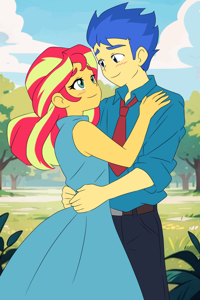 Size: 1333x2000 | Tagged: safe, artist:lirudraw, derpibooru import, flash sentry, sunset shimmer, human, equestria girls, female, flashimmer, image, male, png, shipping, straight