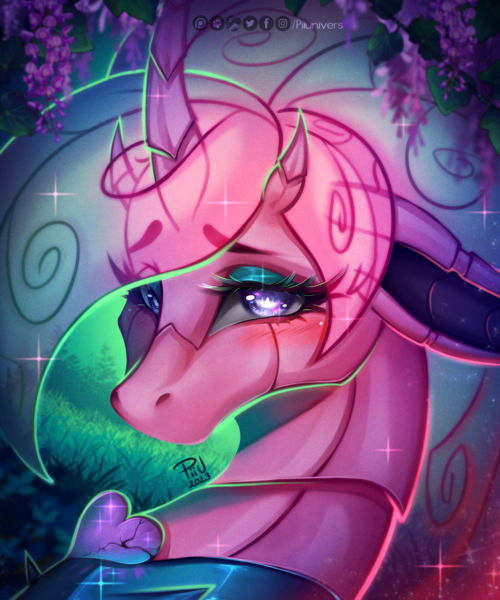 Size: 1500x1800 | Tagged: safe, artist:piiunivers, derpibooru import, oc, unofficial characters only, changedling, changeling, pony, blushing, branches, bust, commission, curved horn, cute, digital art, enchanted, eyelashes, eyeshadow, female, forest, g4, grass, heart, horn, image, leaves, lidded eyes, looking at you, makeup, mare, png, portrait, purple eyes, shy, signature, solo, sparkles, sunlight, tree