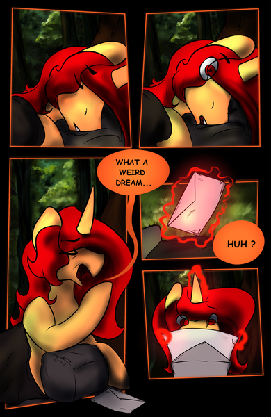Size: 2650x4075 | Tagged: safe, artist:sile-animus, derpibooru import, oc, oc:sile, pony, unicorn, comic:the ghost mare-nsion in the woods, dialogue, envelope, explicit source, image, magic, male, outdoors, png, reading, sleeping, solo, stallion, text, waking up, yawn, you've got mail