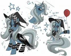 Size: 2048x1623 | Tagged: safe, artist:petaltwinkle, derpibooru import, trixie, pony, unicorn, balloon, bracelet, bust, clown, eye clipping through hair, face paint, female, image, it, jpeg, mare, simple background, solo, sparkles, spiked wristband, white background, wristband