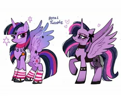 Size: 2048x1623 | Tagged: safe, artist:petaltwinkle, derpibooru import, twilight sparkle, twilight sparkle (alicorn), alicorn, pony, choker, clothes, emo, female, heart, heart eyes, image, jpeg, leg warmers, lidded eyes, mare, ribbon, see-through, see-through skirt, shoes, simple background, skirt, smiling, solo, spread wings, white background, wingding eyes, wings