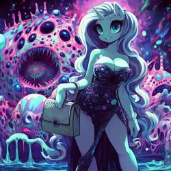 Size: 1024x1024 | Tagged: safe, derpibooru import, machine learning generated, oc, alien, anthro, unicorn, ai content, bag, big breasts, breasts, clothes, dress, female, generator:bing image creator, generator:dall-e 3, handbag, horror, image, jpeg, monster, prompter:horselover fat, purse, sexy, space, surreal