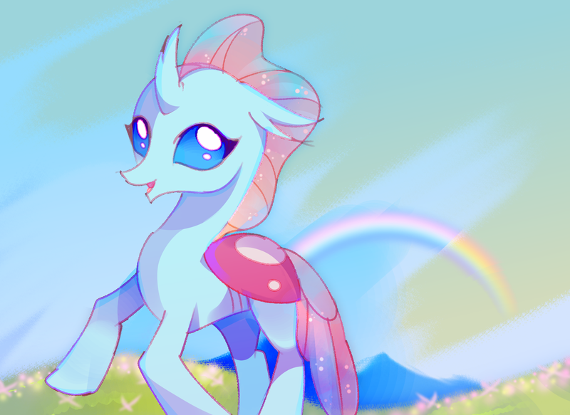 Size: 1906x1390 | Tagged: safe, artist:aureate serene, derpibooru import, ocellus, changedling, changeling, derpibooru exclusive, female, flower, hill, image, joyful, png, rainbow, sky, valley