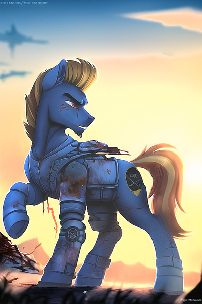 Size: 480x720 | Tagged: semi-grimdark, derpibooru import, editor:primortal, machine learning assisted, machine learning generated, novelai, stable diffusion, oc, oc:thunder kick, unofficial characters only, pegasus, fallout equestria, abandoned, ai content, angry, armor, blood, broken armor, enclave, exile, fallen pegasus, image, injured, male, pegasus oc, png, torn wings, wingless, wings