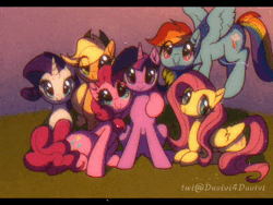 Size: 960x720 | Tagged: safe, artist:duvivi, derpibooru import, applejack, fluttershy, pinkie pie, princess twilight 2.0, rainbow dash, rarity, twilight sparkle, twilight sparkle (alicorn), alicorn, earth pony, pegasus, pony, unicorn, the last problem, alone, animated, crown, death, eyes closed, female, grass, grass field, group, hoof shoes, image, japanese, jewelry, looking at you, looking up, mane six, mare, memories, moon runes, older, older twilight, older twilight sparkle (alicorn), regalia, sitting, smiling, song, text, tired, tired eyes, unicorn twilight, webm