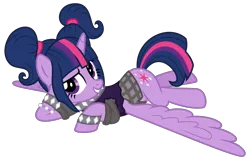 Size: 2500x1600 | Tagged: safe, artist:melisareb, derpibooru import, twilight sparkle, twilight sparkle (alicorn), alicorn, pony, .svg available, bracelet, choker, clothes, derpibooru exclusive, female, gameloft, image, jewelry, lying down, mare, pigtails, png, prone, rockstar, rockstar sparkle, simple background, skirt, smiling, solo, transparent background, vector