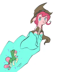 Size: 2480x2933 | Tagged: safe, artist:solid shrimp, derpibooru import, fluttershy, pinkie pie, earth pony, pegasus, pony, duo, female, hat, image, jpeg, magic, mare, pinktober, simple background, white background, wizard, wizard hat