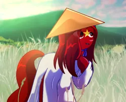 Size: 960x779 | Tagged: safe, artist:diniarvegafinahar, derpibooru import, ponified, earth pony, pony, asian conical hat, female, field, hat, image, looking up, mare, mountain, nation ponies, png, solo, vietnam