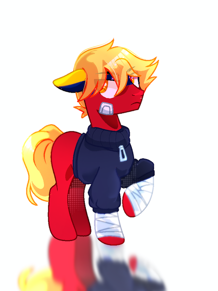 Size: 720x960 | Tagged: safe, artist:diniarvegafinahar, derpibooru import, ponified, earth pony, pony, bandage, clothes, eye clipping through hair, floppy ears, image, jacket, male, nation ponies, no cutie marks because im lazy, png, raised hoof, simple background, solo, stallion, stars, unamused, venezuela, white background