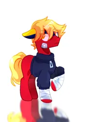 Size: 720x960 | Tagged: safe, artist:diniarvegafinahar, derpibooru import, ponified, earth pony, pony, bandage, clothes, eye clipping through hair, floppy ears, image, jacket, male, nation ponies, no cutie marks because im lazy, png, raised hoof, simple background, solo, stallion, stars, unamused, venezuela, white background