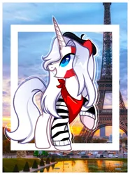 Size: 716x960 | Tagged: safe, artist:diniarvegafinahar, derpibooru import, ponified, pony, unicorn, bandana, beret, clothes, eiffel tower, eye clipping through hair, female, france, hat, image, looking at you, mare, nation ponies, paris, png, raised hoof, smiling, solo, sweater