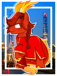 Size: 720x960 | Tagged: safe, artist:diniarvegafinahar, derpibooru import, ponified, dracony, dragon, hybrid, longma, pony, braid, building, china, clothes, eye clipping through hair, horns, image, leonine tail, male, nation ponies, png, raised hoof, solo, stallion, tail, unshorn fetlocks