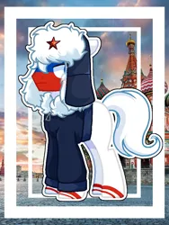 Size: 720x960 | Tagged: safe, artist:diniarvegafinahar, derpibooru import, ponified, earth pony, pony, church, clothes, hat, image, jacket, male, moscow, nation ponies, no cutie marks because im lazy, png, russia, saint basil's cathedral, solo, stallion, stars, ushanka