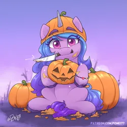 Size: 2035x2035 | Tagged: safe, artist:rivin177, derpibooru import, izzy moonbow, pony, unicorn, g5, bracelet, carving, cute, eye clipping through hair, halloween, hat, high res, holding, holiday, image, izzybetes, jack-o-lantern, jewelry, knife, looking at you, messy, mouth hold, png, pumpkin, sitting