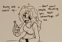 Size: 1460x992 | Tagged: safe, artist:pony quarantine, derpibooru import, sunset shimmer, human, equestria girls, beer bottle, blush lines, blushing, bottle, breasts, busty sunset shimmer, dialogue, drunk, eye clipping through hair, female, happy, image, jpeg, monochrome, solo, talking to viewer, traditional art