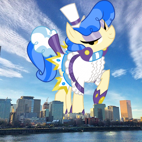 Size: 640x640 | Tagged: safe, artist:dashiesparkle edit, derpibooru import, edit, editor:jaredking779, sapphire shores, earth pony, pony, clothes, eyeshadow, female, giant pony, giantess, hat, highrise ponies, image, irl, jpeg, lidded eyes, looking at you, macro, makeup, mare, oregon, photo, ponies in real life, portland, raised hoof, smiling, solo, story included