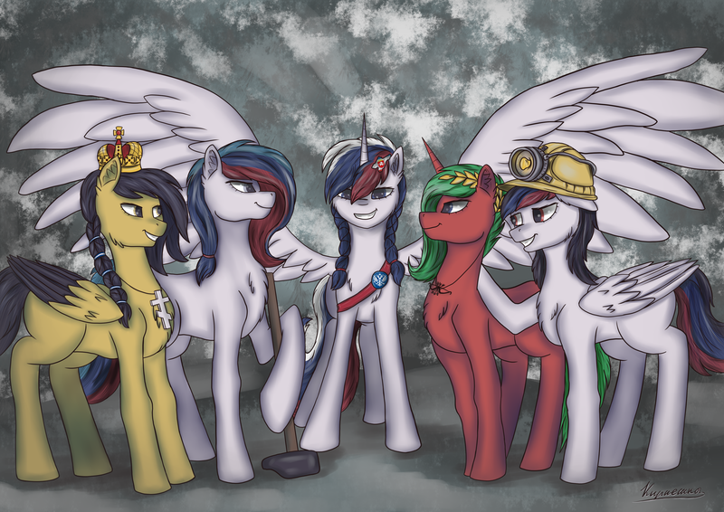 Size: 4093x2894 | Tagged: safe, artist:kirieshka, derpibooru import, oc, oc:donetsk, oc:lugansk, oc:marussia, ponified, unofficial characters only, pony, christianity, donetsk, hammer, history, image, luhansk, nation ponies, nationalism, orthodox, png, religion, russia, russian empire, sledgehammer