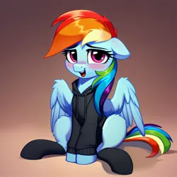 Size: 1536x1536 | Tagged: safe, derpibooru import, machine learning generated, rainbow dash, pegasus, pony, ai content, blushing, clothes, cute, dashabetes, female, floppy ears, generator:pony diffusion v5.5, gradient background, hoodie, image, jpeg, looking at you, mare, open mouth, prompter:siber, sitting, socks, solo, spread wings, wings