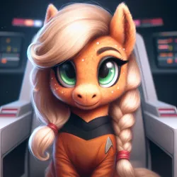 Size: 1024x1024 | Tagged: safe, machine learning generated, ponerpics import, ponybooru import, applejack, earth pony, pony, ai content, alternate hairstyle, bing, braid, captain, crossover, female, fluffy, image, jpeg, looking at you, mare, missing accessory, solo, star trek, starfleet