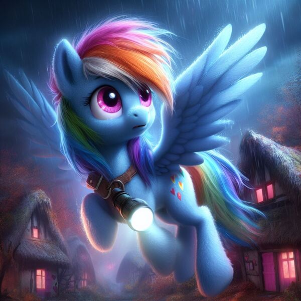 Size: 1024x1024 | Tagged: safe, machine learning generated, ponerpics import, ponybooru import, flash sentry, rainbow dash, twilight sparkle, pegasus, pony, ai content, alternate cutie mark, bing, female, flashlight (object), flying, image, jpeg, looking at something, male, mare, night, ponyville, rain, shipping, solo, straight