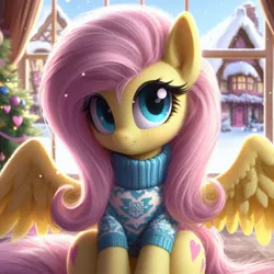 Size: 1024x1024 | Tagged: safe, machine learning generated, ponerpics import, ponybooru import, fluttershy, pegasus, pony, ai content, alternate cutie mark, bing, clothes, female, hearth's warming eve, image, jpeg, looking at you, mare, ponyville, snow, solo, spread wings, sweater, tree, wide hips, window, wings, winter