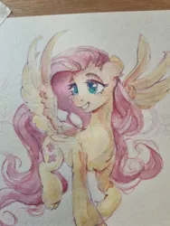 Size: 1536x2048 | Tagged: safe, artist:laymy, derpibooru import, fluttershy, pegasus, pony, chest fluff, female, grin, image, jpeg, lidded eyes, mare, smiling, solo, spread wings, traditional art, watercolor painting, wings
