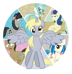 Size: 967x984 | Tagged: safe, artist:xkappax, derpibooru import, bon bon, derpy hooves, doctor whooves, lyra heartstrings, octavia melody, sweetie drops, time turner, vinyl scratch, alicorn, earth pony, pony, unicorn, magical mystery cure, accessory swap, alicornified, background six, bench, bon bon is not amused, cutie mark swap, derpicorn, doctor who, epic derpy, image, muffin queen, png, race swap, simple background, sitting, sonic screwdriver, swapped cutie marks, transparent background, unamused, what my cutie mark is telling me, xk-class end-of-the-world scenario
