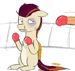 Size: 1767x1678 | Tagged: safe, anonymous artist, derpibooru import, rocky riff, pegasus, pony, g5, black eye, blood, boxing gloves, context in description, derpibooru exclusive, description is relevant, feather, image, inspired by comments, male, messy mane, nosebleed, offscreen character, ouch, png, reference, sitting, stallion, this will end in tears, this will not end well, worried