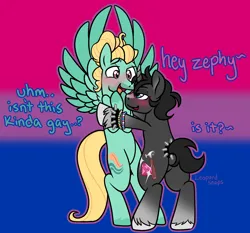 Size: 3218x3000 | Tagged: safe, artist:leopardsnaps, derpibooru import, zephyr breeze, oc, oc:crystal nightshine, pegasus, pony, unicorn, bisexual pride flag, blushing, bracelet, canon x oc, dialogue, duo, flirting, flustered, g4, gay, half-closed eyes, height difference, horn, image, jewelry, kandi, male, png, pride, pride flag, realization, shipping, spiked wristband, stallion, tail, tail band, trans male, transgender, unicorn oc, unshorn fetlocks, wristband
