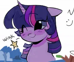 Size: 1137x947 | Tagged: safe, artist:dulcesilly, derpibooru import, twilight sparkle, pony, unicorn, bust, cute, eye clipping through hair, eyebrows, eyebrows visible through hair, female, image, jpeg, mare, one eye closed, simple background, solo, twiabetes, white background, wink