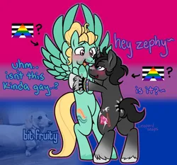Size: 3218x3000 | Tagged: safe, artist:leopardsnaps, derpibooru import, zephyr breeze, oc, oc:crystal nightshine, pegasus, pony, unicorn, bisexual pride flag, blushing, bracelet, canon x oc, dialogue, duo, flirting, flustered, g4, gay, half-closed eyes, height difference, horn, image, jewelry, kandi, male, meme, png, pride, pride flag, realization, shipping, spiked wristband, stallion, tail, tail band, trans male, transgender, unicorn oc, unshorn fetlocks, wristband
