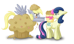 Size: 1077x639 | Tagged: safe, artist:xkappax, derpibooru import, bon bon, derpy hooves, sweetie drops, earth pony, pegasus, pony, bon bon is not amused, camouflage, disguise, duo, food, giant muffin, image, muffin, png, simple background, tongue out, transparent background, unamused