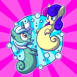 Size: 3000x3000 | Tagged: safe, artist:xkappax, derpibooru import, bon bon, lyra heartstrings, sweetie drops, sea pony, abstract background, bubble, duo, image, looking at each other, looking at someone, png, seaponified, seapony bon bon, seapony lyra, smiling, species swap
