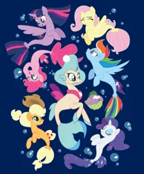 Size: 831x1000 | Tagged: safe, artist:xkappax, derpibooru import, applejack, fluttershy, pinkie pie, princess skystar, rainbow dash, rarity, spike, twilight sparkle, twilight sparkle (alicorn), alicorn, earth pony, fish, pegasus, puffer fish, seapony (g4), unicorn, my little pony: the movie, blue background, blue eyes, bubble, clothes, digital art, dorsal fin, eyelashes, eyeshadow, fin, fin wings, fins, fish tail, flower, flower in hair, flowing mane, flowing tail, freckles, g4, glow, happy, image, jewelry, jpeg, makeup, mane seven, mane six, merchandise, necklace, ocean, open mouth, open smile, pearl necklace, seaponified, seapony applejack, seapony fluttershy, seapony pinkie pie, seapony rainbow dash, seapony rarity, seapony twilight, shirt, simple background, smiling, species swap, spike the pufferfish, swimming, t-shirt, tail, underwater, water, wings