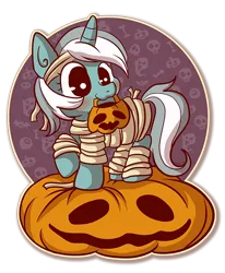 Size: 588x715 | Tagged: safe, artist:xkappax, derpibooru import, lyra heartstrings, pony, unicorn, bag, bandage, candy bag, cute, halloween, holiday, image, jack-o-lantern, lyrabetes, mouth hold, mummy, mummy costume, nightmare night, png, pumpkin, simple background, smiling, solo, transparent background