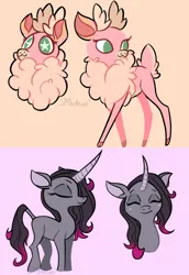 Size: 1412x2048 | Tagged: safe, artist:nyaloha, derpibooru import, oleander (tfh), velvet reindeer, classical unicorn, deer, reindeer, unicorn, them's fightin' herds, antlers, awwleander, blushing, cloven hooves, community related, cute, eyes closed, horn, image, leonine tail, pink background, png, simple background, unshorn fetlocks, velvebetes