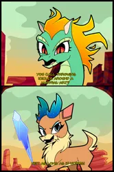 Size: 1024x1541 | Tagged: safe, artist:angelzillah, derpibooru import, velvet reindeer, dragon, hybrid, longma, them's fightin' herds, 2 panel comic, comic, community related, dialogue, female, icicle, image, jpeg, mane of fire, tianhuo (tfh)