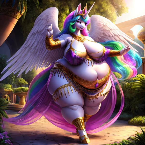 Size: 1024x1024 | Tagged: suggestive, derpibooru import, machine learning generated, stable diffusion, princess celestia, alicorn, anthro, unguligrade anthro, ai content, anklet, bbw, belly, belly button, belly dancer, belly dancer outfit, big belly, big breasts, bracelet, breasts, busty princess celestia, chubbylestia, crown, derpibooru exclusive, fat, female, huge breasts, image, jewelry, obese, png, prompter:professordoctorc, regalia, solo, solo female, ssbbw, thighs, thunder thighs