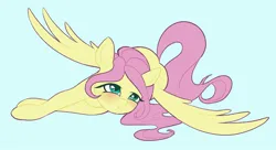 Size: 1948x1056 | Tagged: safe, artist:twilightsparkee, derpibooru import, fluttershy, pegasus, pony, blushing, cute, female, image, jpeg, lidded eyes, light blue background, looking up, lying down, mare, shyabetes, side, simple background, solo, spread wings, wings