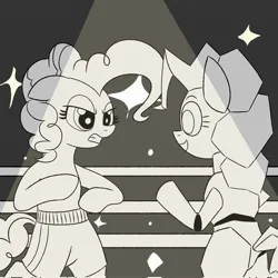 Size: 2048x2048 | Tagged: safe, artist:legendoflink, derpibooru import, pinkie pie, earth pony, pony, robot, robot pony, boxing, camera flashes, duo, female, grayscale, gritted teeth, image, jpeg, mare, monochrome, pinktober, sports, spotlight, teeth
